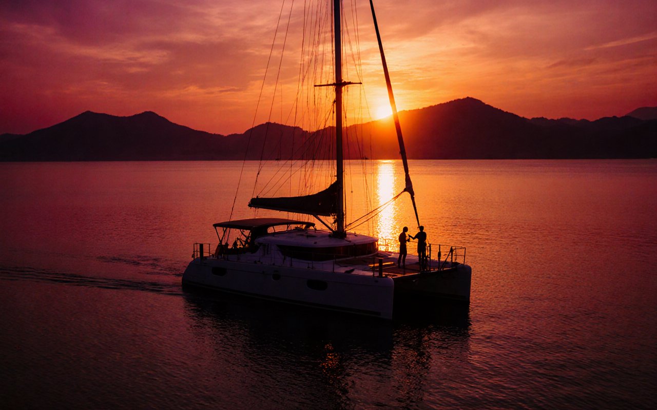 Lagoon 52 catamaran at sunset