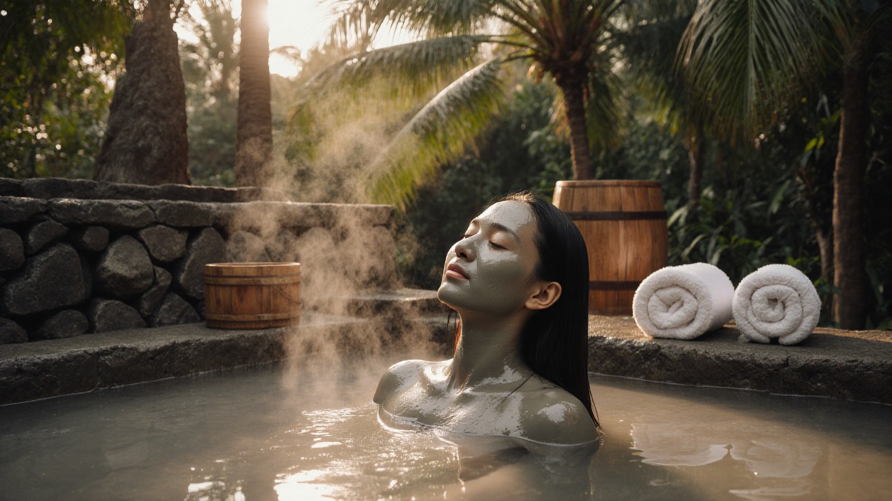 Guests covered in warm volcanic mud at the Namuang spa
